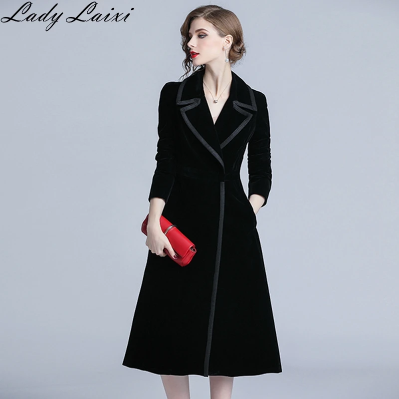 

2019 Autumn Winter New Fashion comfortable velvet trench coat professional OL temperament solid warm outdoor long black trench