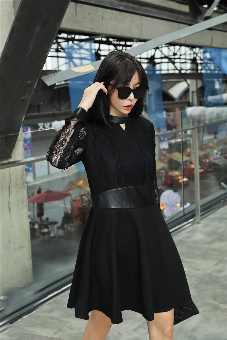 Genuine Leather Dress Elegant Mock Neck Cut-and-Sew Lace Panel Long Sleeve Dress Women Autumn Black Fit and Flare A Line Dresses