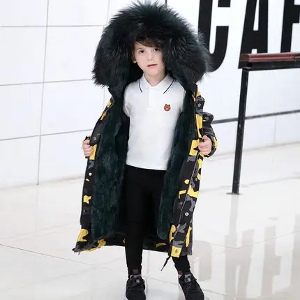 Yellow Green Fur Детское пальто с натуральным мехом камуфляжная длинная куртка с натуральным кроличьим мехом внутри для девочек зимняя парка для мальчиков TZ14 - Цвет: Yellow Green Fur