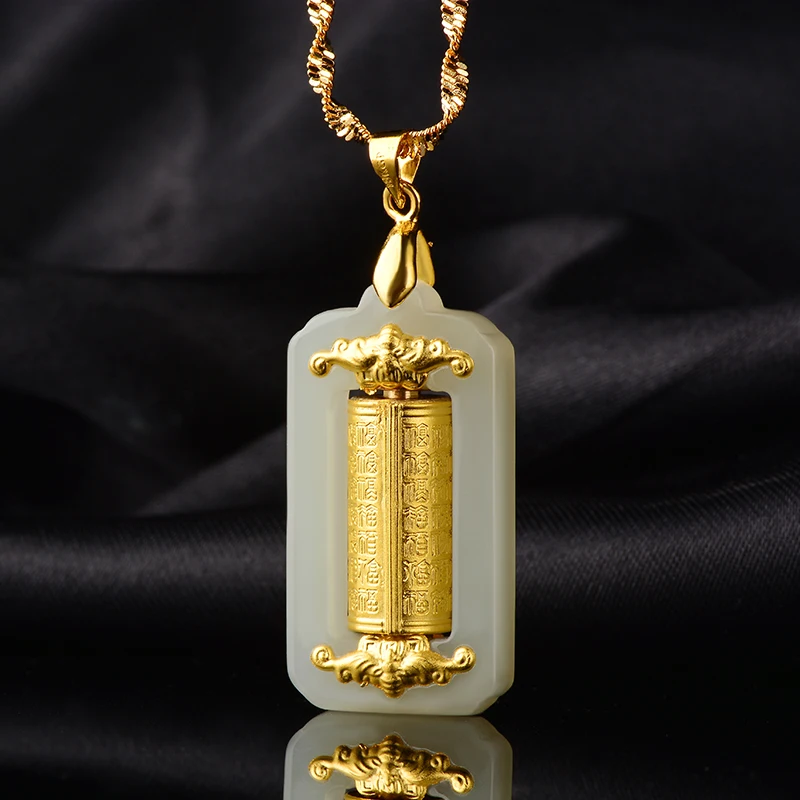

Fine 24K Gold Inlaid Hetian White Jade Buddhist Scripture Women And Men Natural Yu Stone Pendant Free Necklace Certificate Box