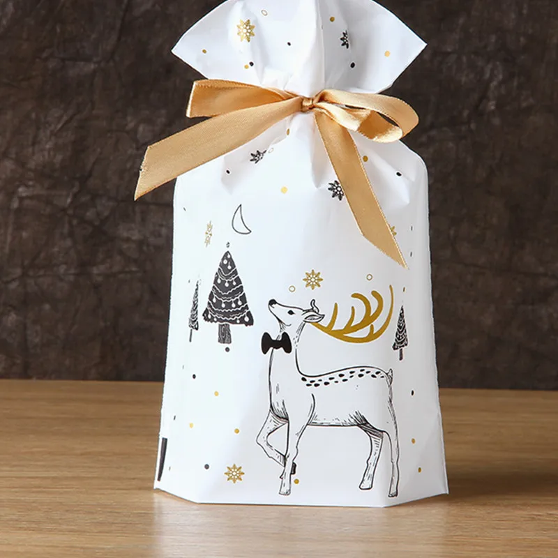 10 шт сумка для подарков Санта-Клауса Конфета мешок Снежинка хрустящая сумка на шнурке рождественские украшения для дома подарки на год - Цвет: white elk bags