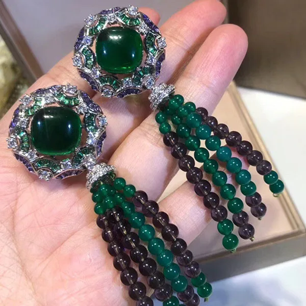 Женские серьги-подвески серебряного цвета с зеленым и фиолетовым Цирконом |