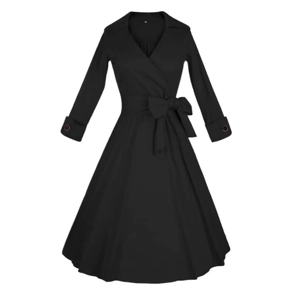 Женское черное платье-рубашка с длинным рукавом винтажная блузка миди цветочным