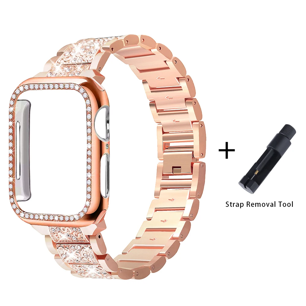 Ремешок+ чехол, металлический ремешок для Apple Watch Series 5, ремешок 40 мм, 44 мм, бриллиантовое кольцо 38 мм, 42 мм, браслет из нержавеющей стали iwatch 4/3/2/1 - Цвет ремешка: Rose gold Add tools