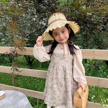 

New Korean Girls Solid Color Expandable Cotton and Linen Dress + Floral Dungaree Dress Two Pcs Kids Baby Girl Dress Kids Cloth