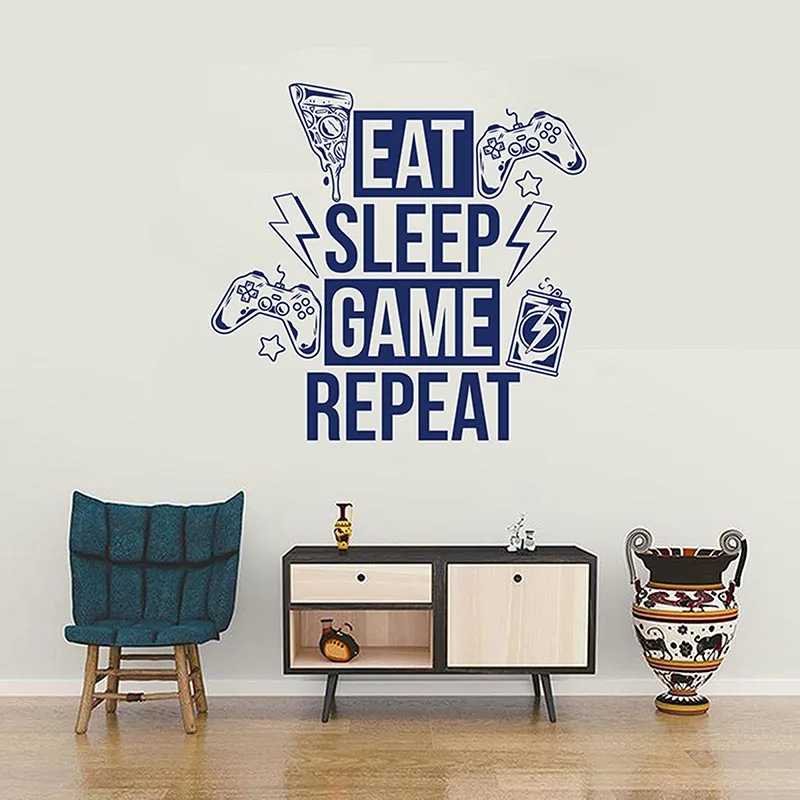 Large Eat Sleep Game Repeat Wall Sticker Playroom Boy Room Video Game Zone Gamer Player Xbox Ps4 Gamepad Wall Decal Kids Vinyl (2)