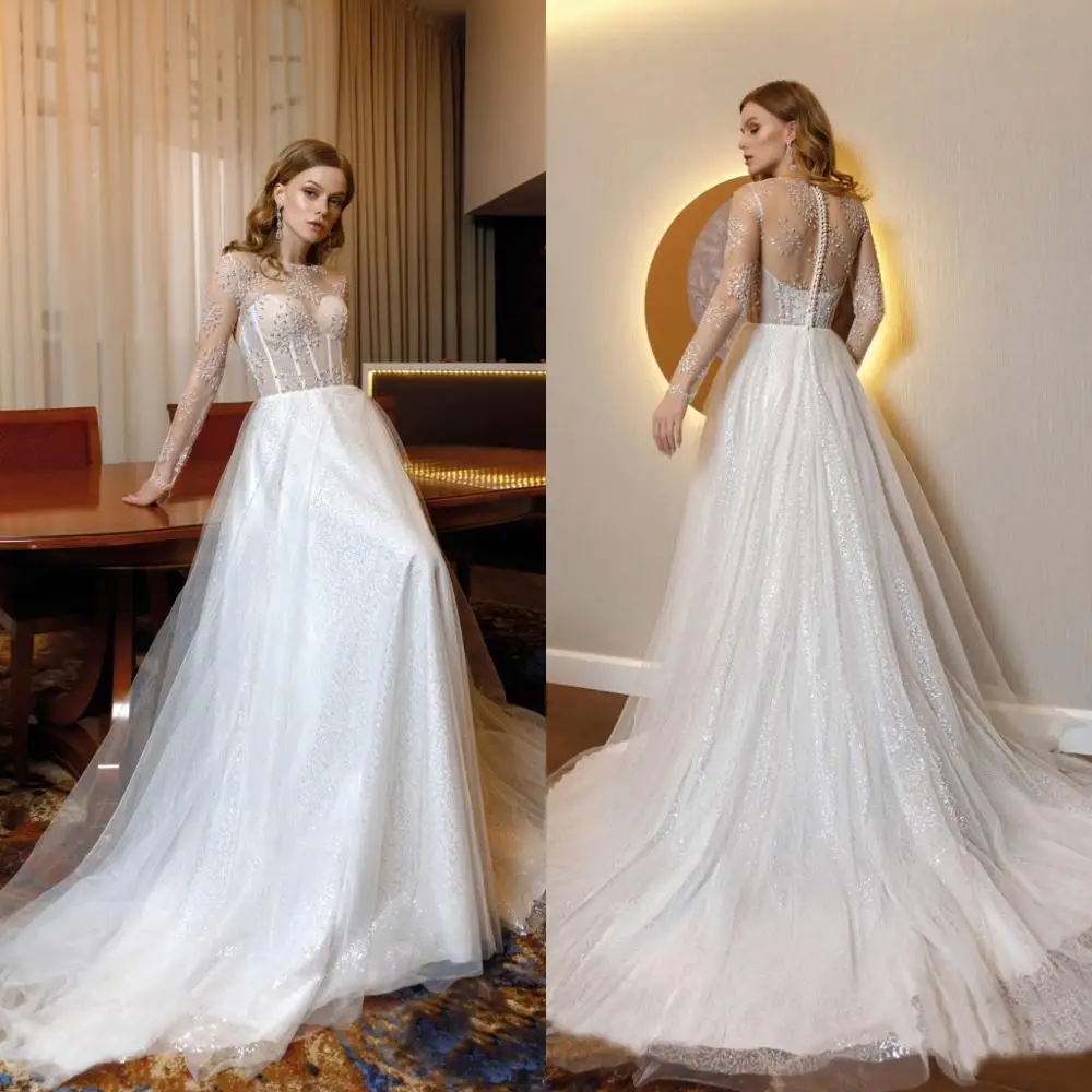 

Свадебное платье-трапеция с круглым вырезом и длинными рукавами, модель 2020 года