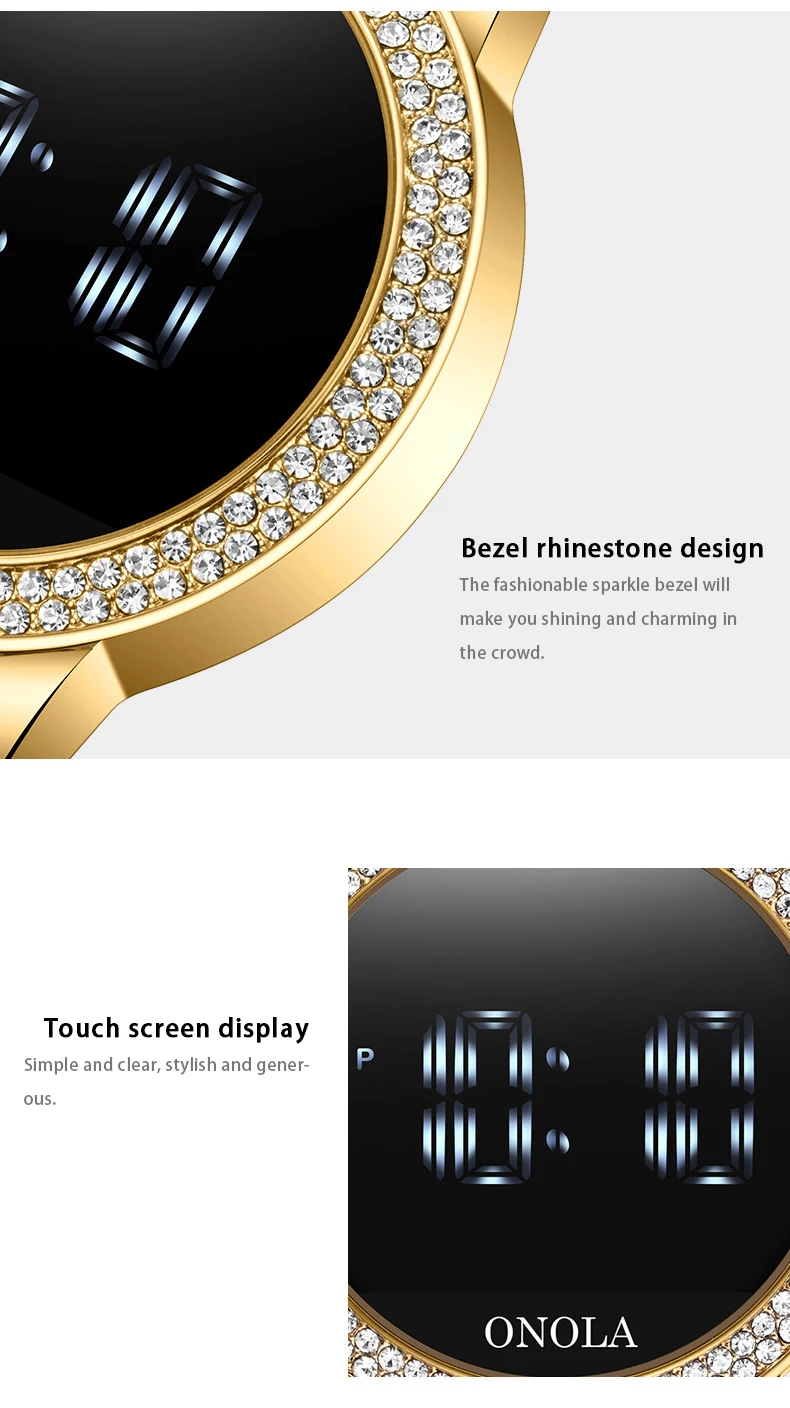 Fashion full diamond touch screen Led display ladies waterproof steel band quartz movement electronic watch business watch