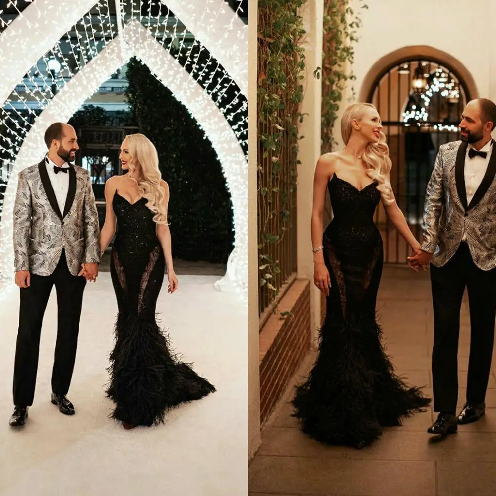 

2021 New Evening Dresses Sweetheart Lace Feather Sequins Bling Bling Prom Gowns Custom Made Sweep Train Special Occasion Dress