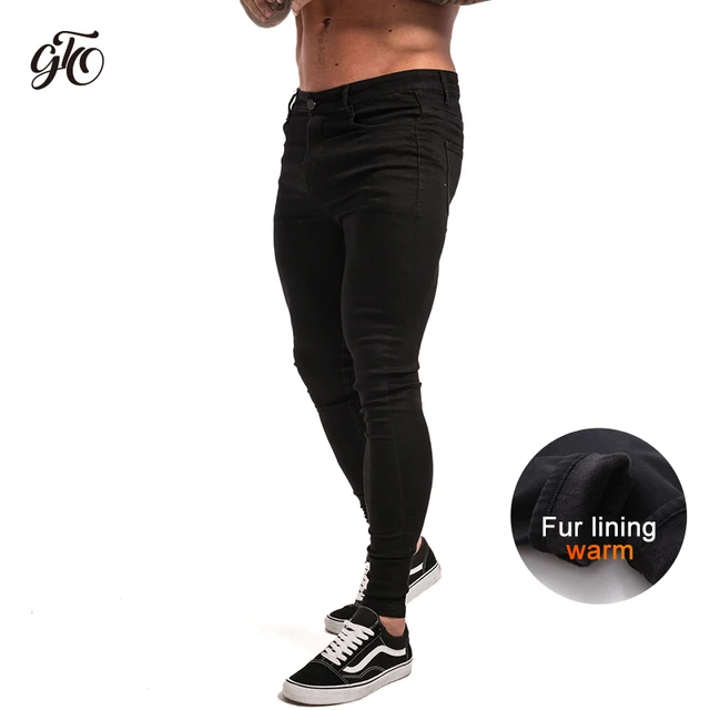 GINGTTO Jeans Men Elastic Waist Skinny Jeans Men 2020 Stretch Ripped Pants Streetwear Mens Denim Jeans Blue Flannel Lined black