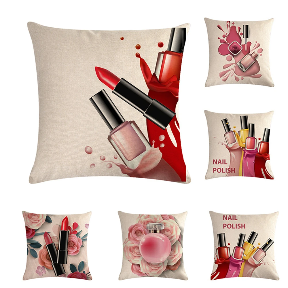 

New Cosmetics Perfume Bottles Nail polish Lipsticks Pillow Cover Linen Cotton Decorative Pillow Cushion Cover Sofa Throw Pillows
