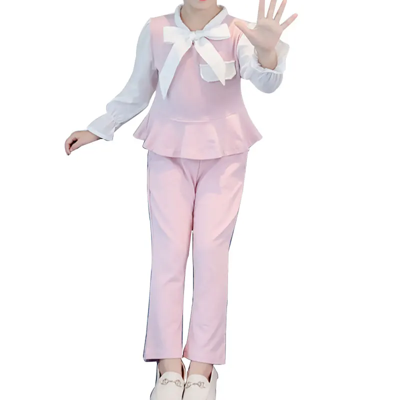

Autumn Girl Clothes Long Sleeve Patchwork Bowknot Design Blouse Pants Trousers Outfits Set