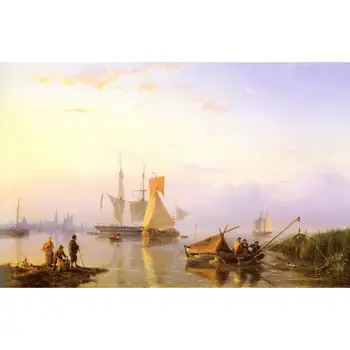 

7 Handmade Art Paintings by College Teachers - Shipping In A Calm Amsterdam Hermanus Snr Koekkoek boats - Oil Painting on Canvas