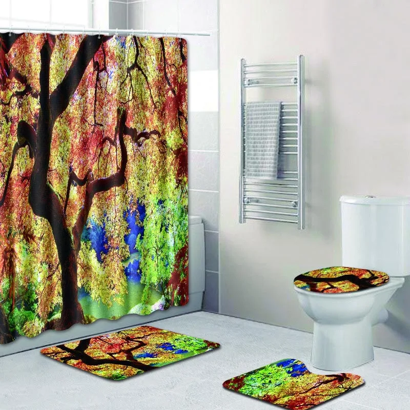 

Landscape Tree Print Shower Curtain Waterproof Fabric Polyester Modern Curtain Screen Hooks Toilet Seat Cover Anti-slip Bath Mat