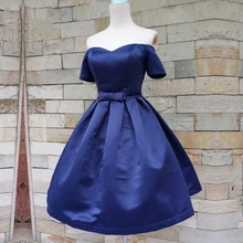 Атласные Короткие королевские синие Бальные платья с открытыми плечами и трапециевидной линией Vestido de formatura 8 grade платья с короткими рукавами