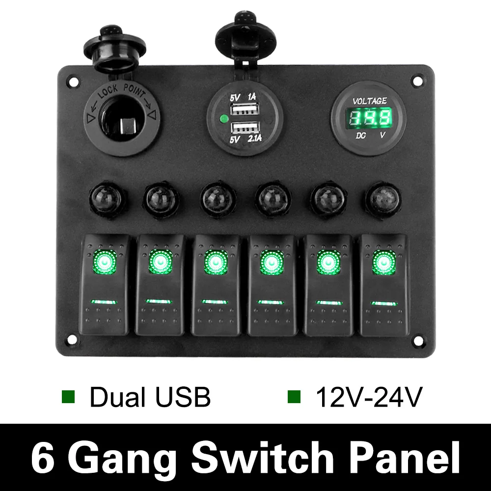 

6 Gang Rocker Switch Panel Dual USB Ports Car Marine Boat Circuit LED Breaker DC 12V/24V Digital Voltmeter Aluminum Panel