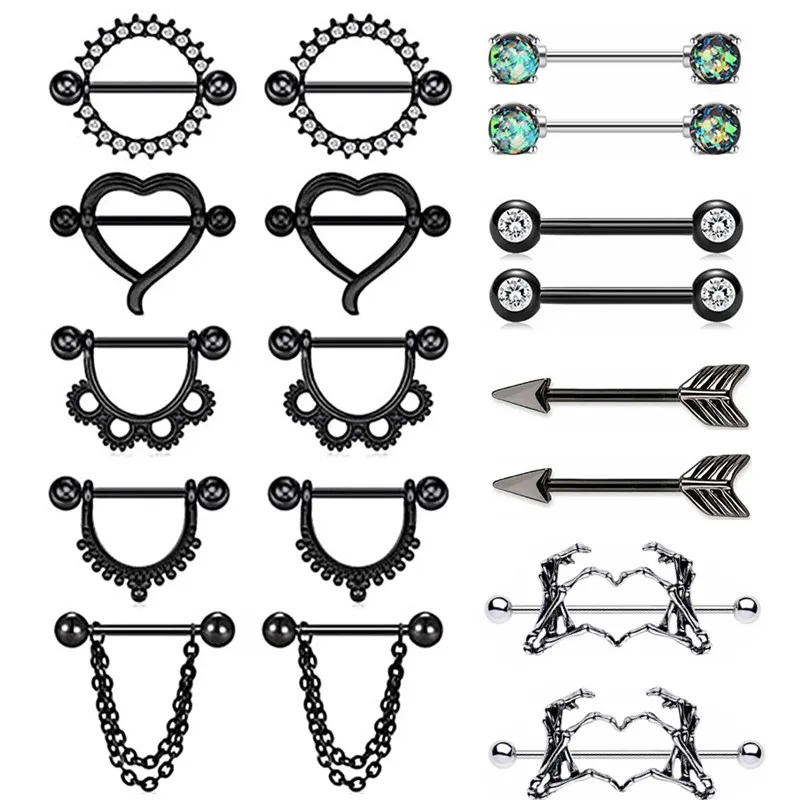 Stainless Steel Black Heart Nipple Piercing Set 14G Arrow Nipple