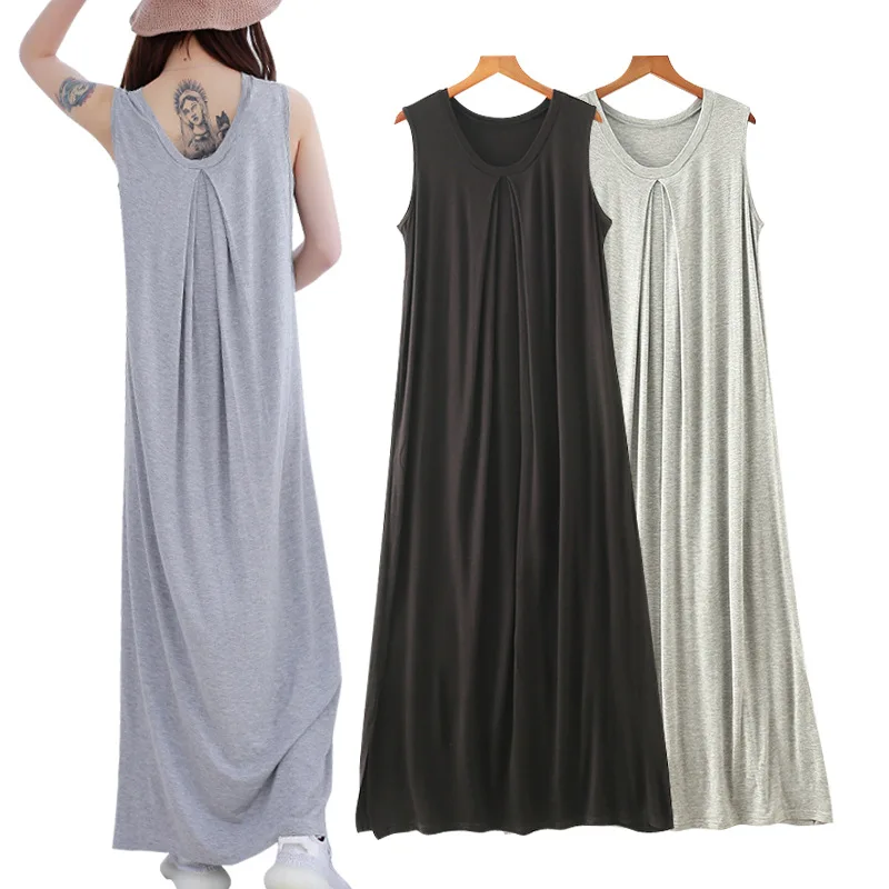 

Spring And Summer New Style Modal Sleeveless Dress Women's Korean-style A- line Dew Vest Skirt Beach Skirt Slit Mopping Long Ski
