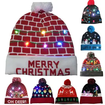 

Christmas Hats Beanie Sweater LED Light Knit Hat Christmas Decorations For Home Santa Elk Hat Light Up Knitted Hat Gift For Kids