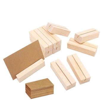 

10 Pieces Wood Place Card Holders, Wooden Table Number Holder Memo Stand with 10 Pieces Kraft-Paper Tent Seating Card for Weddin