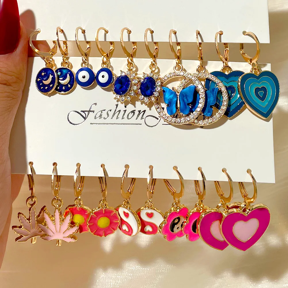 Flatfoosie 5Pair Pink Blue Heart Butterfly Drop Earrings Set For Women Boho Cute Star Moon Eye Dangle Earring 2022 Trend Jewelry