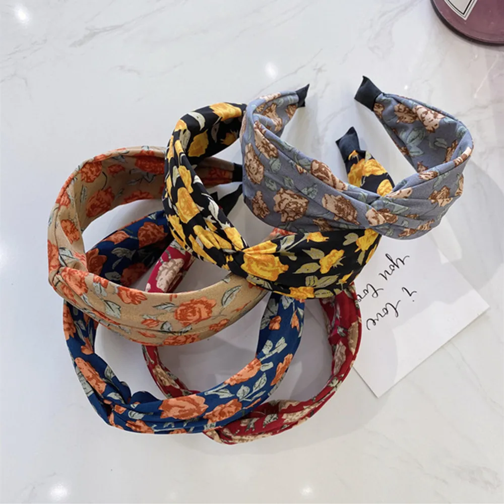 

Fashion Hair Accessories Women Fabric Broken Flower Broad-Bim HeadBands Cross Handmade HeadBand Girl Wild Washing Face Hair Band