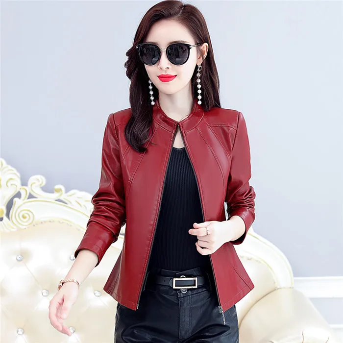 Plus Size Women's Washed PU Leather Jacket Short Full Sleeve Standing Collar Zipper Motorcycle Coat Lady Basic Jacket W1126 - Цвет: Red wine