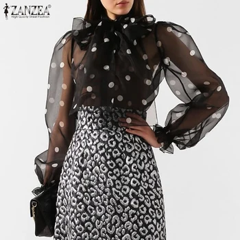 

S 5XL 2020 Women BowKnot Polka Dot Blouse ZANZEA Spring Long Sleeve Party Tunic Tops Fashion See Through Shirt Blusas Chemise