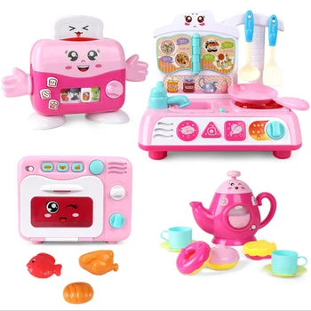 

Kids Mini Pretend Play House Toy Girls Simulation Kitchen Electrical Set Toy With Light Music Bread Machine Microwave Toy Gifts