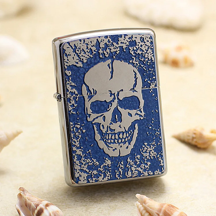 

Genuine Zippo oil lighter copper windproof Blue Skull cigarette Kerosene lighters Gift With anti-counterfeiting code