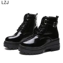 LZJ г., женские ботильоны на плоской платформе весенние ботинки из лакированной кожи черная обувь на толстой резиновой подошве со шнуровкой модные вечерние ботинки на толстом каблуке