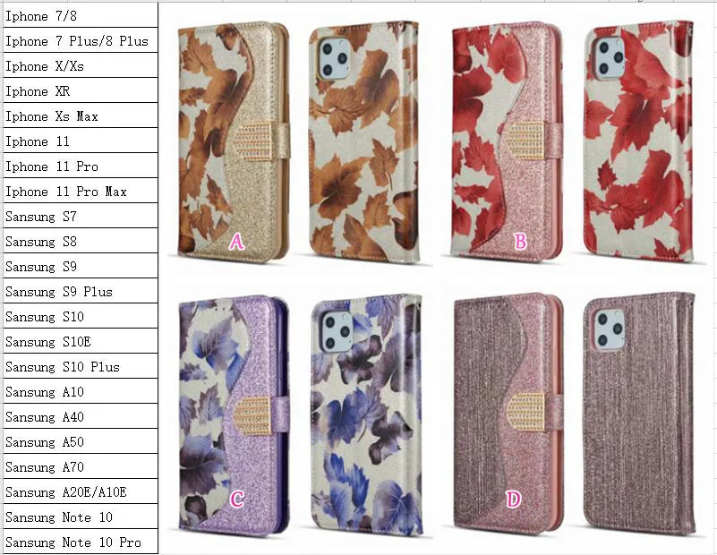 Wallet Leather Case For Iphone 11 Pro Max XS MAX XR X 8 7 Maple leaf Luxury Glitter Bling Diamond Sparkle ID Card Hybrid 60PCS