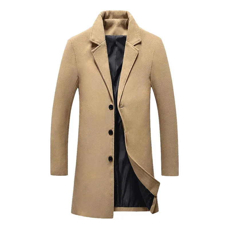 Men Fashion Luxury Double Breasted Woolen Coat New Men Notched Collar Solid Color Long Dust Coats Slim Fit Casual Overcoats - Цвет: Хаки