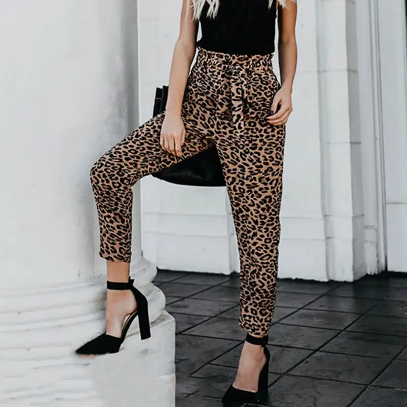 

Casual Pants Women Leopard Print 2019 Loose Sport Harem Pants Sweatpants Wide Leg High Waist Lace Up Straight Joggers Trousers