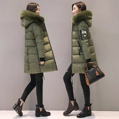 Women Winter Hooded Mid-long Jacket New Fashion Fur collar Thickening Warm Cotton Coat Casual Slim Female Parkas NZYD261A - Цвет: army green