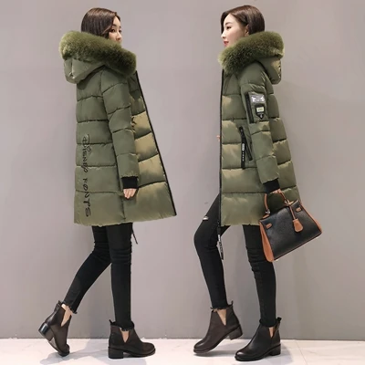 army green Women Winter Hooded Mid-long Jacket New Fashion Fur collar Thickening Warm Cotton Coat Casual Slim Female Parkas NZYD261A - Цвет: army green