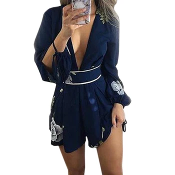 

Deep V-neck Rompers Women 2019 Summer Sexy Beach Playsuits Lady Lace Up Backless Floral Printed Overall Femme Bodysuits GV458
