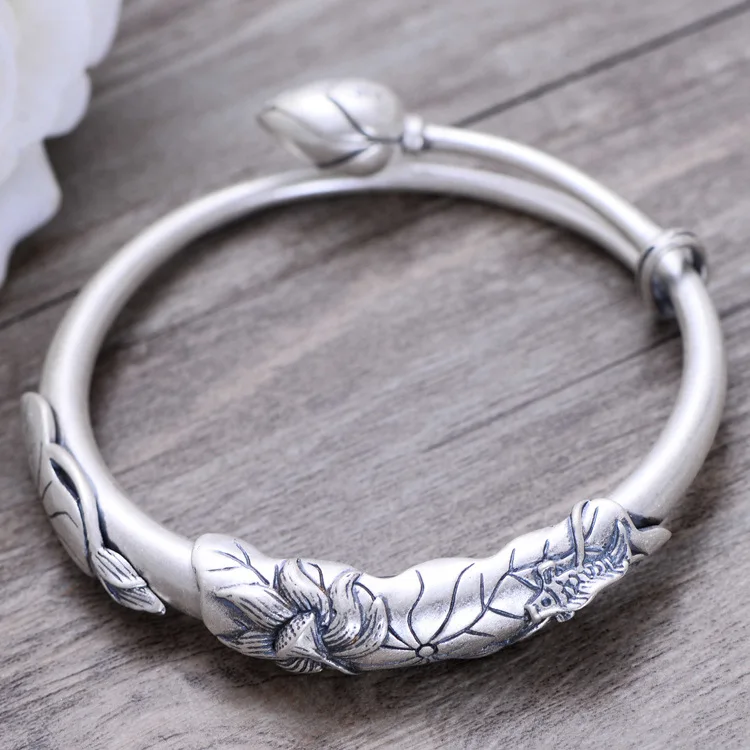 

GB2135 925 sterling silver jewelry antique ground carp lotus lady Bracelet