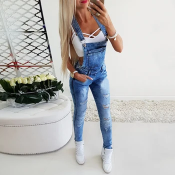 

Ladies Denim Strap Overalls Casual Women Bodysuits Destroyed Skinny Jumpsuit Hole Ripped Jeans Romper Woman Slim Bib Pants D25