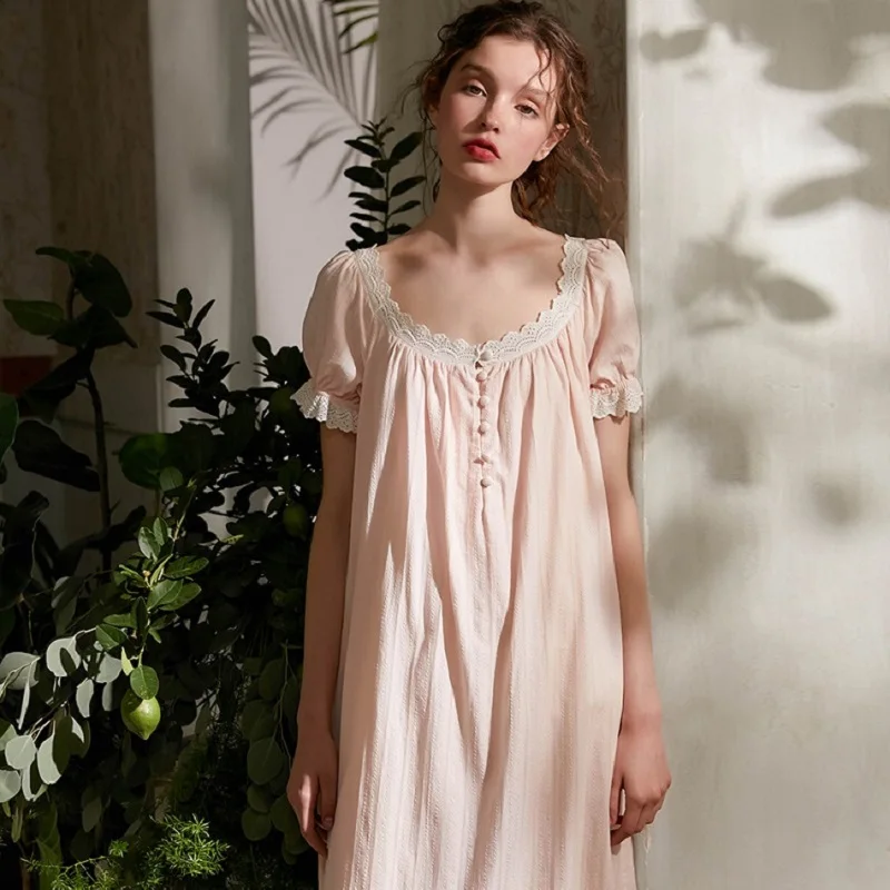 Summer Pink 100% Cotton Women's Vintage Long Nightgowns Short Sleeve ...