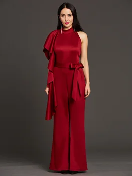 

Red Women Jumpsuit Elegant Temperament Sexy Backless Flounced Falbala Full Length Solid Color Wide Legs Jumpsuits With Belt