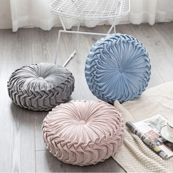 

Fashion European Luxury Velvet Throw Round Pillow Cushion Handmade Pleated Wheel Pumpkin Seat Cushion Home Sofa Decor 30x18cm