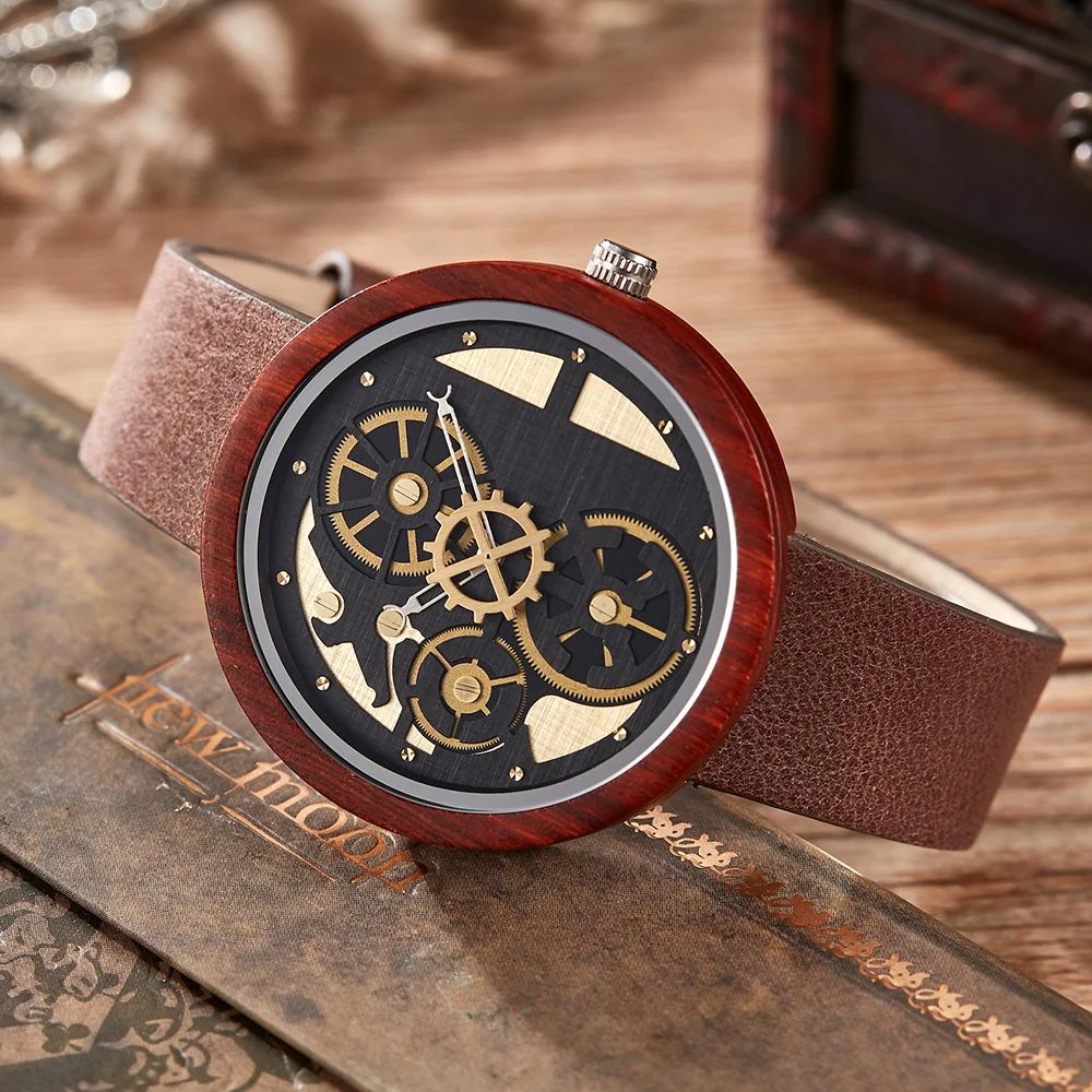 Relógio de Madeira Exclusivo para Homens Relógios de Pulso com Pulseira de Couro Quartz Movement Calendar - Image 3