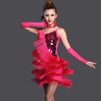 

New Fashion Ballroom Dance Dress Samba 3pcs Costume Necklace Sleeves Women Sexy Salsa Dresses with Tassels Latin Dress Sequins