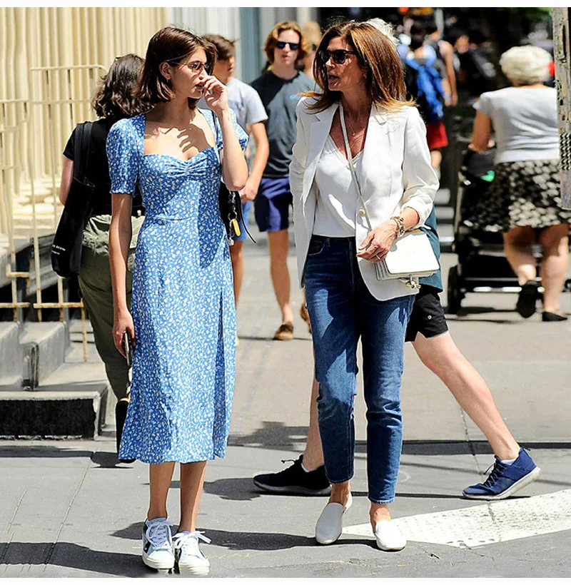 Women Casual Floral Print Midi Dress Square Collar Ruffle Puff Sleeve Slim Split Summer Dress French Romance Retro Dress Vestido