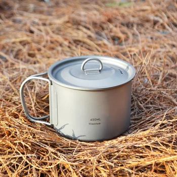 

Titanium Drinking Cup W/ Lid And Folding Handle For Outdoor Camping Picnic 450ml With Portable Carrying Bag