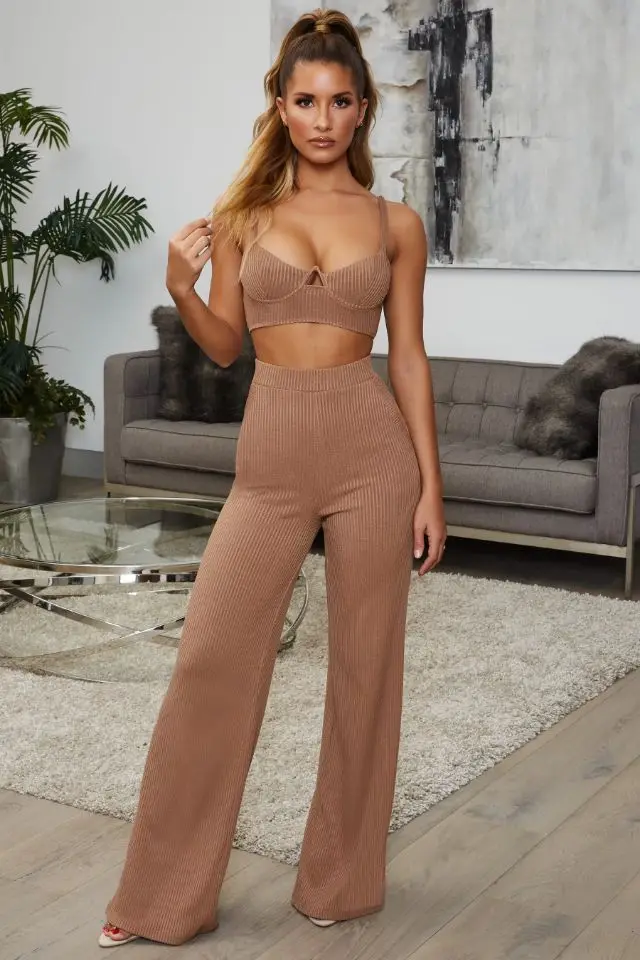

Babatique 2021 New SummerFashion Sexy Brown 2 Pieces Bandage Set Sexy Bra & High Waist Long Pant
