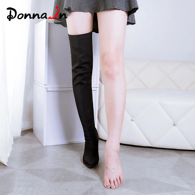 

Donnain Black Winter Over The Knee Women Boots Stretch Fabrics High Heel Slip on Shoes Pointed Toe Woman Long Boots Size 34-39