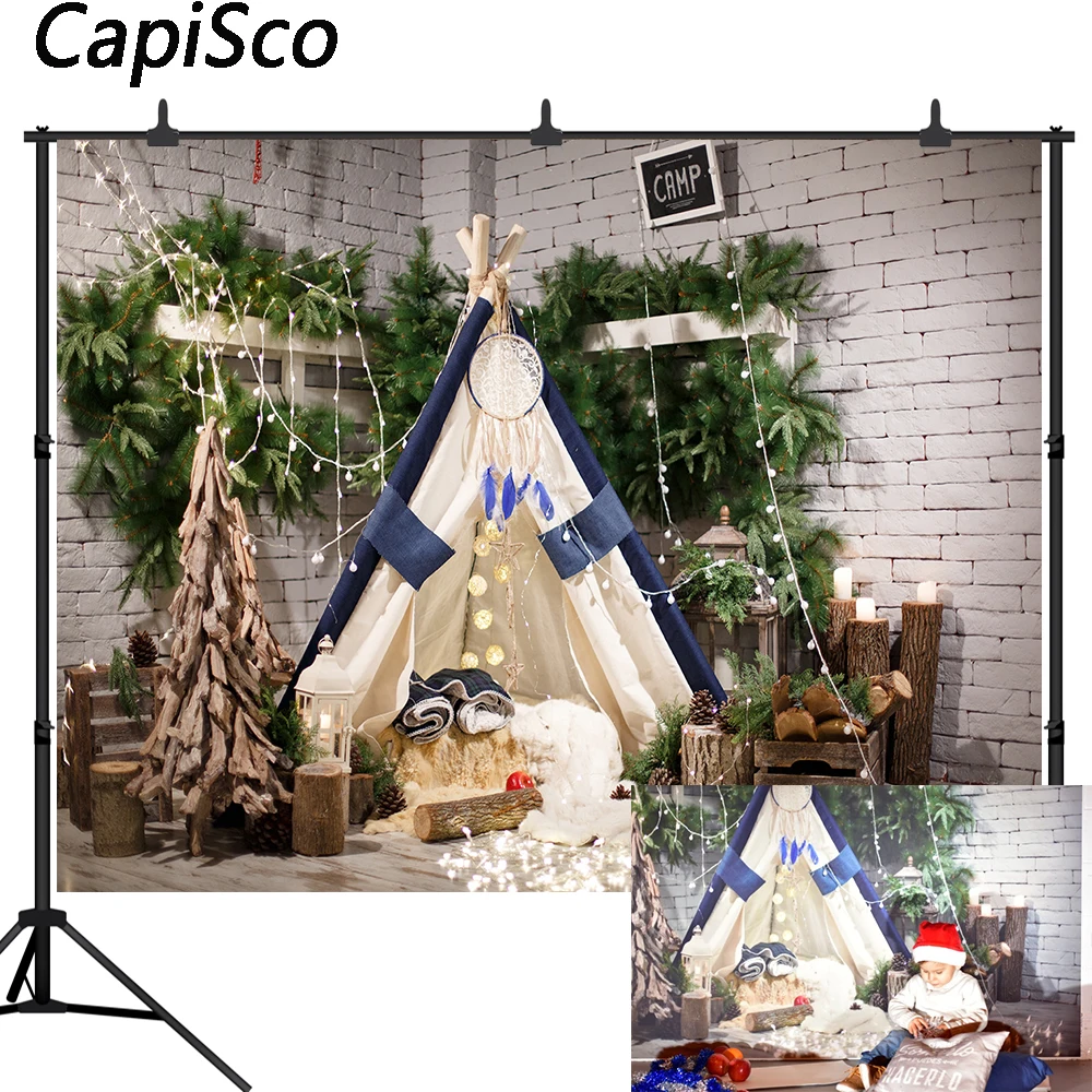 

Capisco White Brick Wall Newborn Baby Kids Photo Background Printed camp Bulbs Green Garland Christmas Backdrop Photography