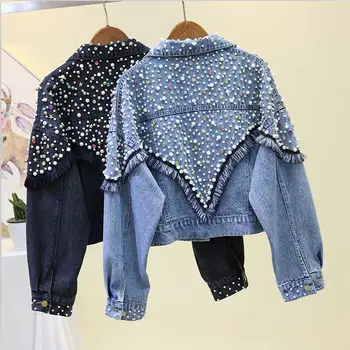 

Loose Denim Jacket Women coat New 2020 Cowboy Jackets Women Heavy Duty Beaded Coloured Diamond Raw Edges Coat Female Black